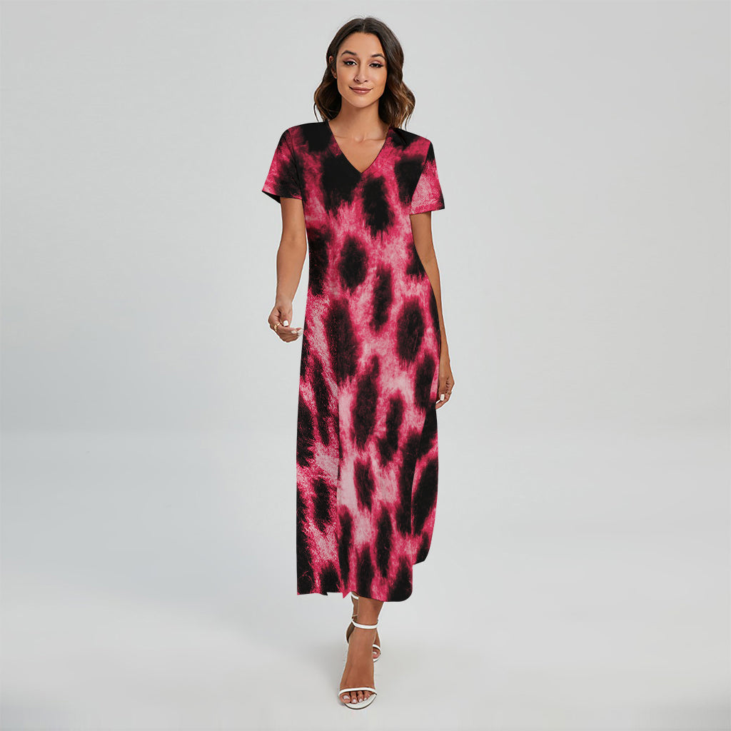 Hot Pink And Black Cheetah Print Short Sleeve Maxi Dress