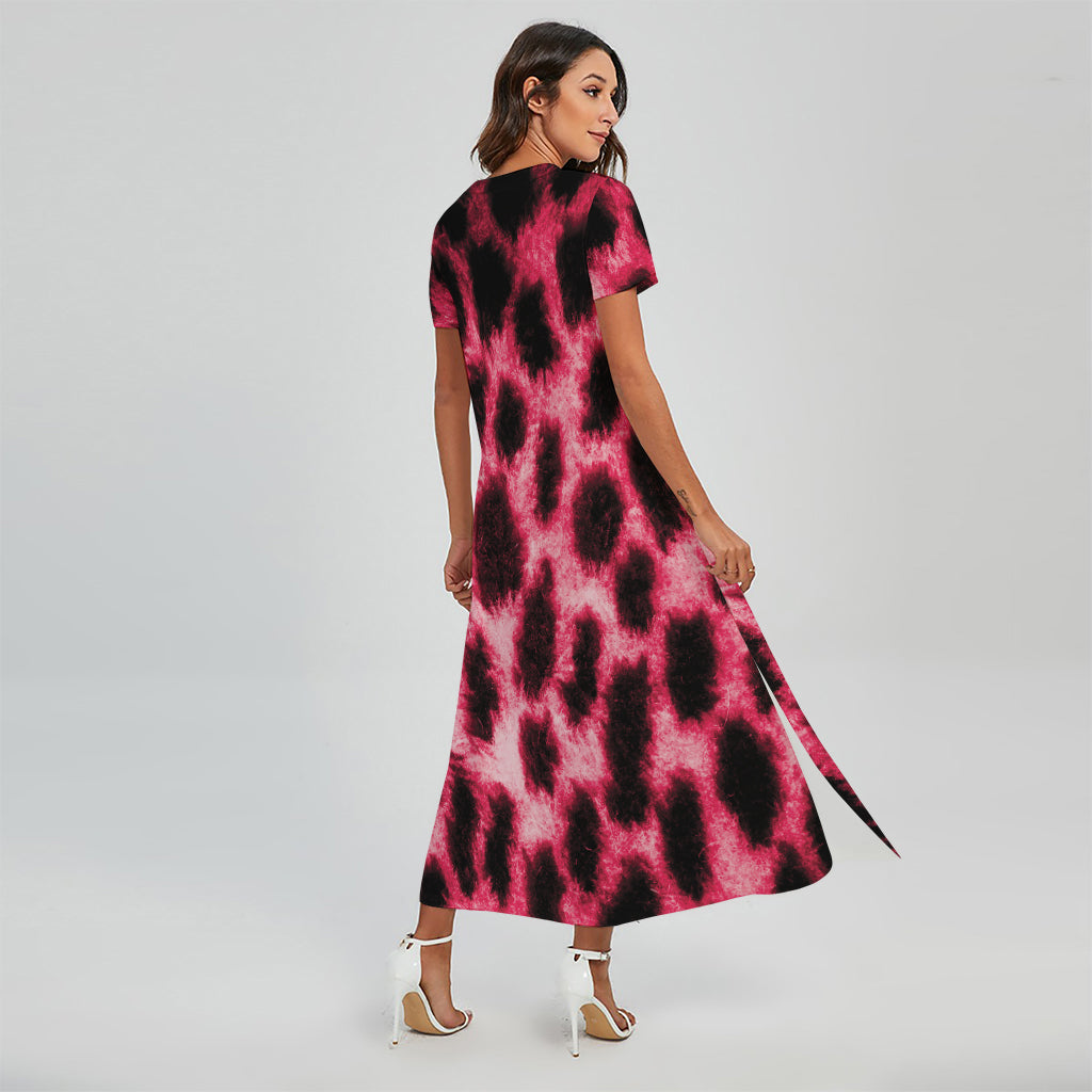 Hot Pink And Black Cheetah Print Short Sleeve Maxi Dress