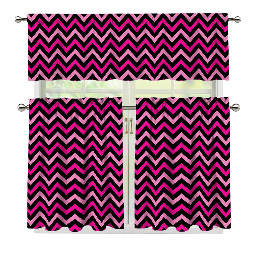 Hot Pink And Black Chevron Pattern Print 3 Piece Kitchen Curtains