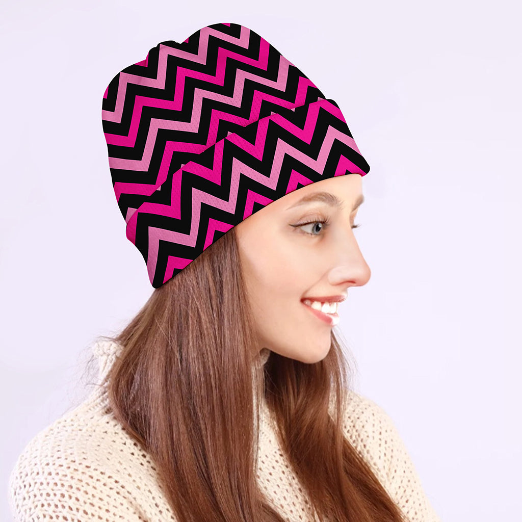 Hot Pink And Black Chevron Pattern Print Beanie