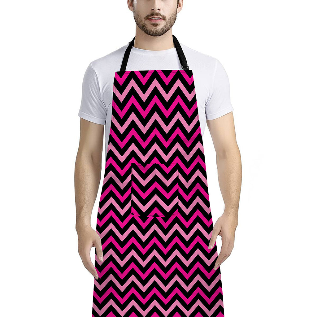Hot Pink And Black Chevron Pattern Print Bib Apron With Pocket