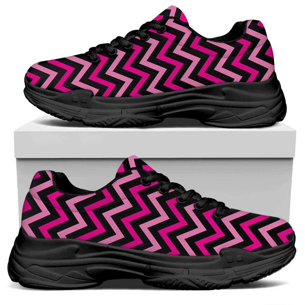 Hot Pink And Black Chevron Pattern Print Black Chunky Shoes