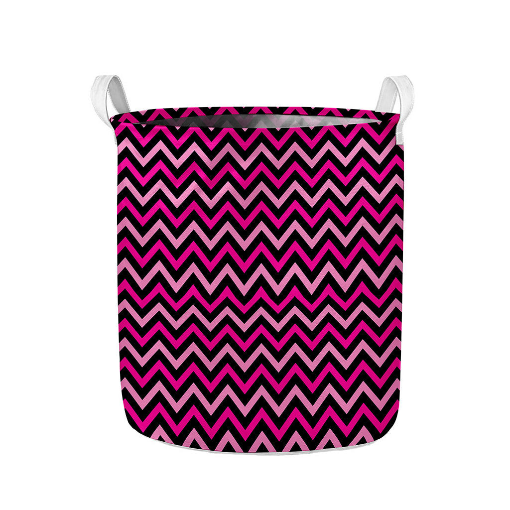 Hot Pink And Black Chevron Pattern Print Collapsible Laundry Basket