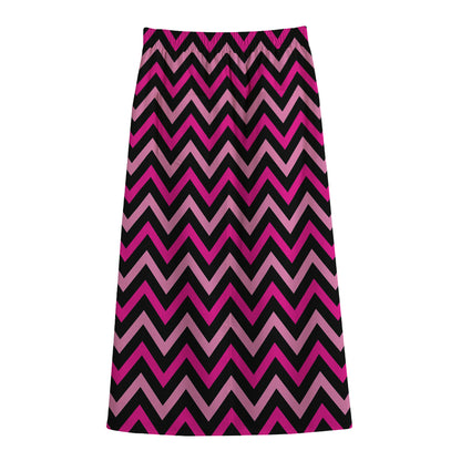 Hot Pink And Black Chevron Pattern Print Cotton Front Slit Maxi Skirt