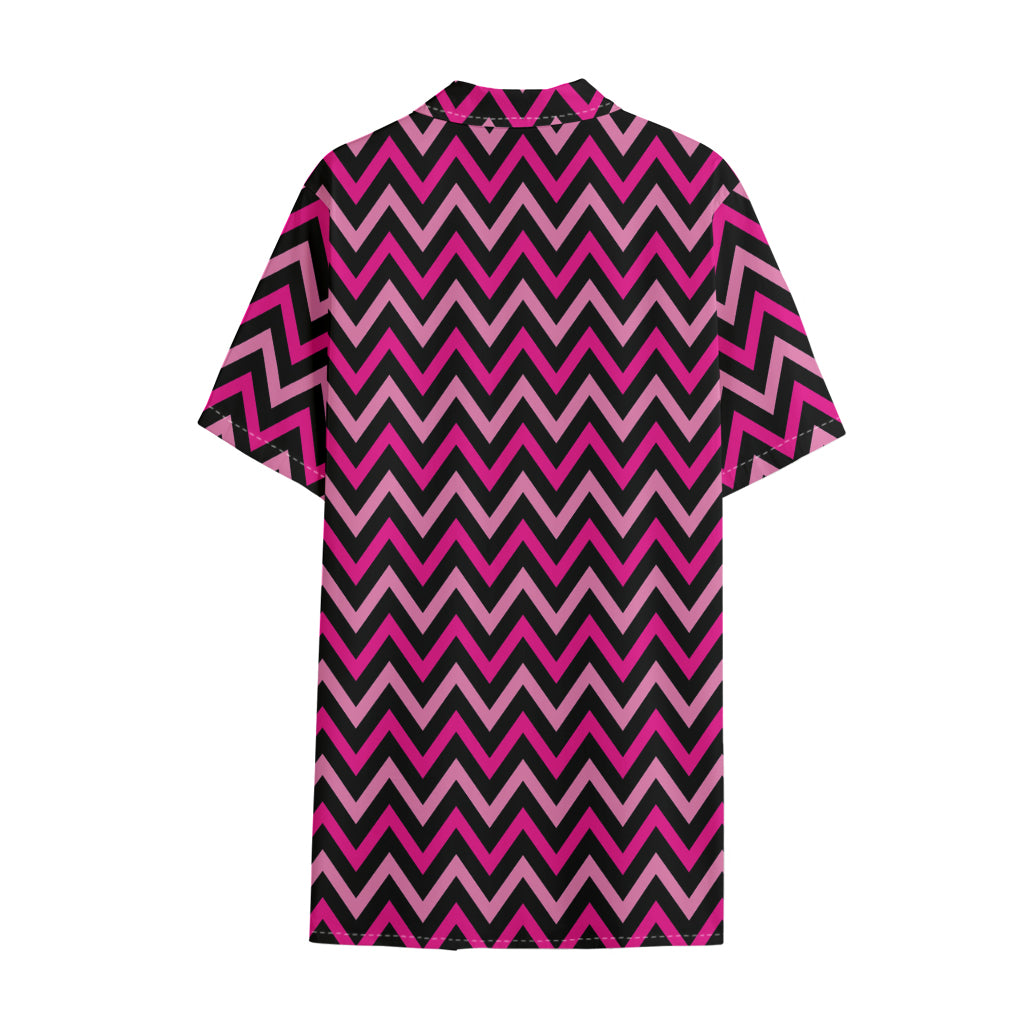Hot Pink And Black Chevron Pattern Print Cotton Hawaiian Shirt