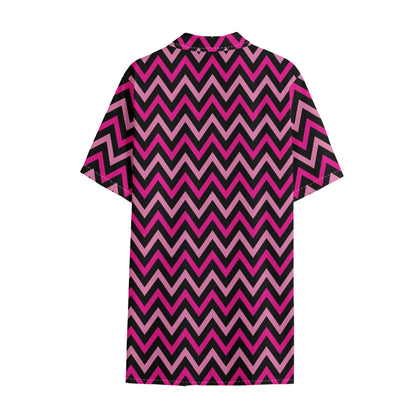 Hot Pink And Black Chevron Pattern Print Cotton Hawaiian Shirt