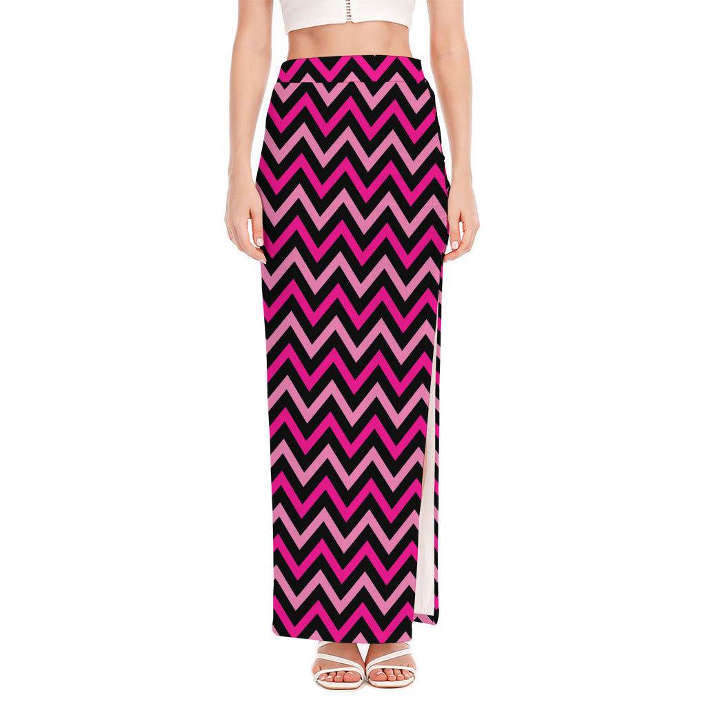 Hot Pink And Black Chevron Pattern Print High Slit Maxi Skirt