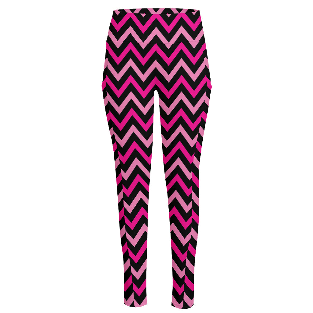 Hot Pink And Black Chevron Pattern Print High-Waisted Pocket Leggings