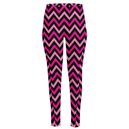 Hot Pink And Black Chevron Pattern Print High-Waisted Pocket Leggings