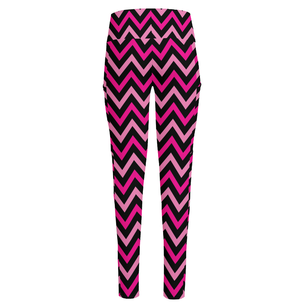 Hot Pink And Black Chevron Pattern Print High-Waisted Pocket Leggings