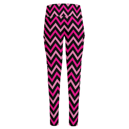 Hot Pink And Black Chevron Pattern Print High-Waisted Pocket Leggings