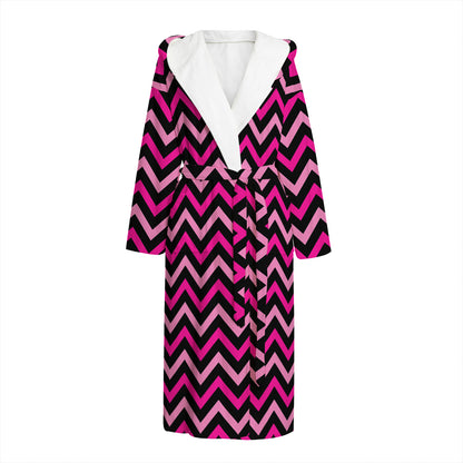 Hot Pink And Black Chevron Pattern Print Hooded Bathrobe