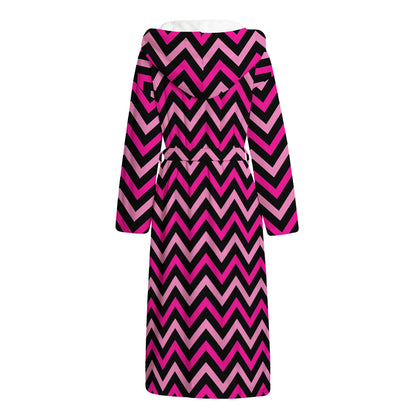 Hot Pink And Black Chevron Pattern Print Hooded Bathrobe