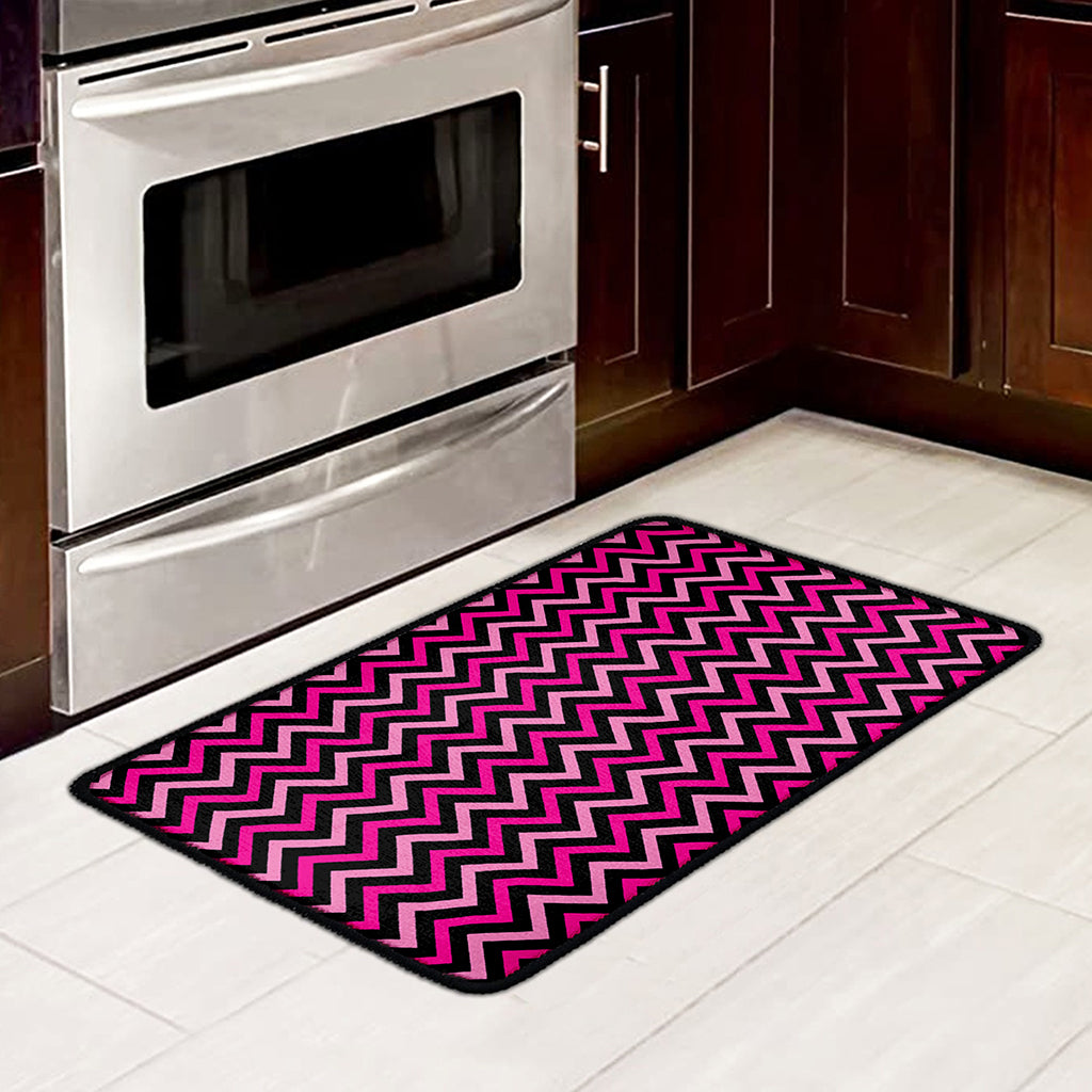 Hot Pink And Black Chevron Pattern Print Kitchen Mat