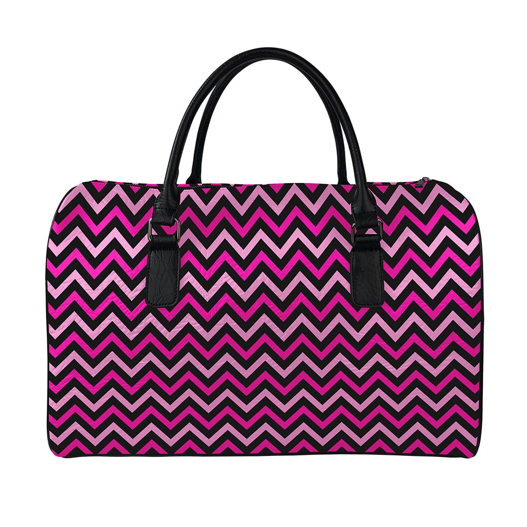 Hot Pink And Black Chevron Pattern Print Leather Duffle Bag