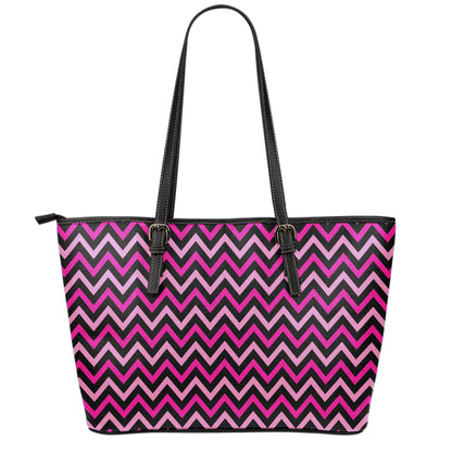 Hot Pink And Black Chevron Pattern Print Leather Tote Bag