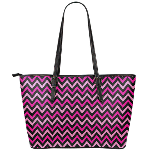 Hot Pink And Black Chevron Pattern Print Leather Tote Bag