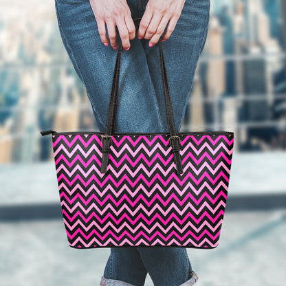 Hot Pink And Black Chevron Pattern Print Leather Tote Bag