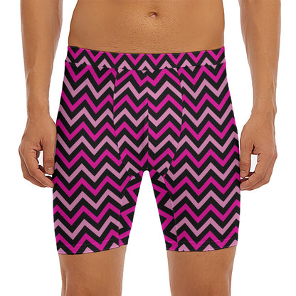 Hot Pink And Black Chevron Pattern Print Men's Long Boxer Briefs