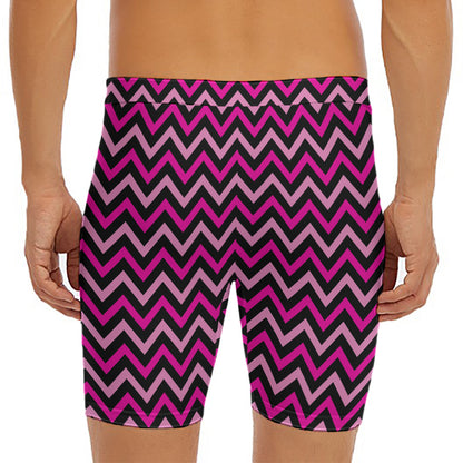 Hot Pink And Black Chevron Pattern Print Men's Long Boxer Briefs