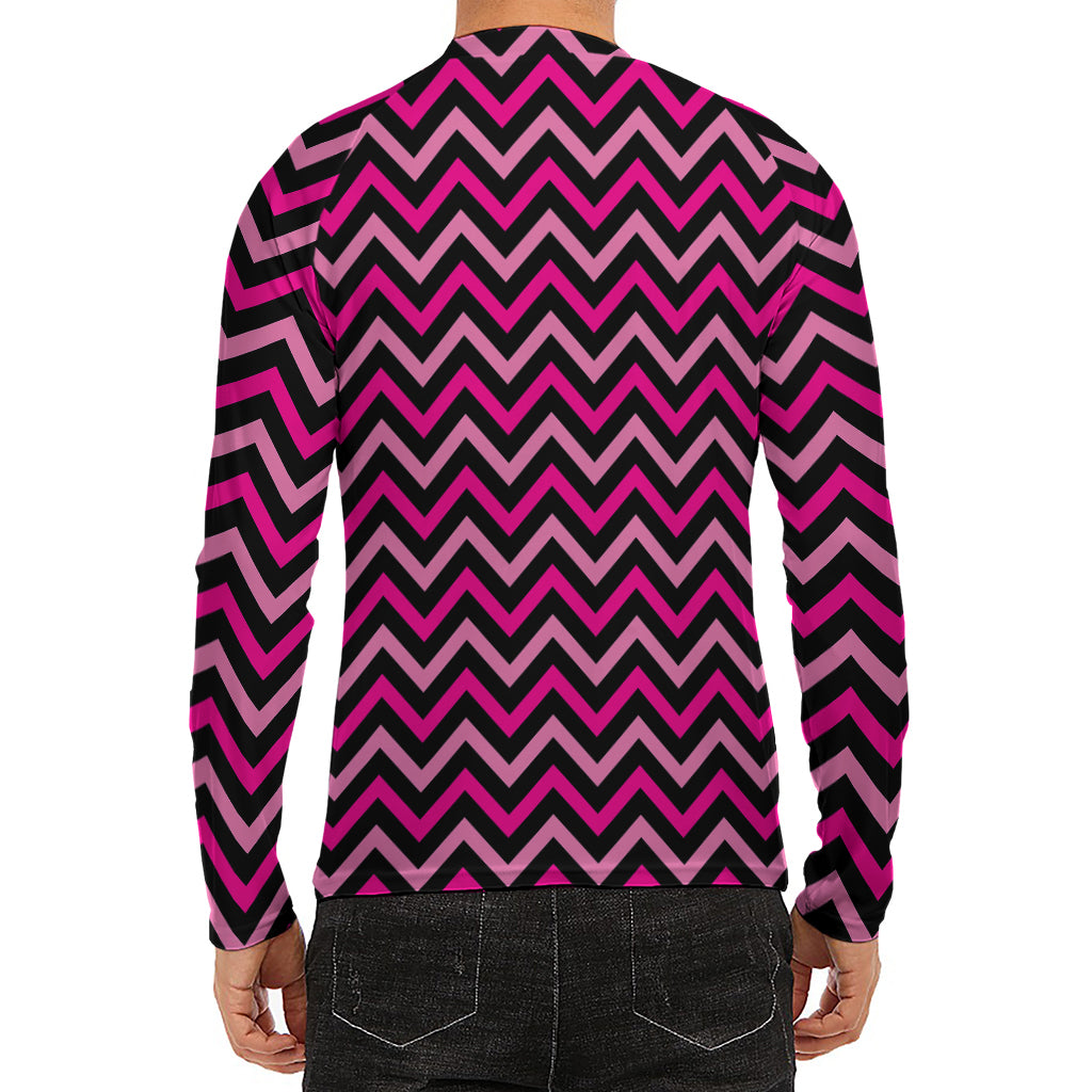 Hot Pink And Black Chevron Pattern Print Men's Long Sleeve Rash Guard