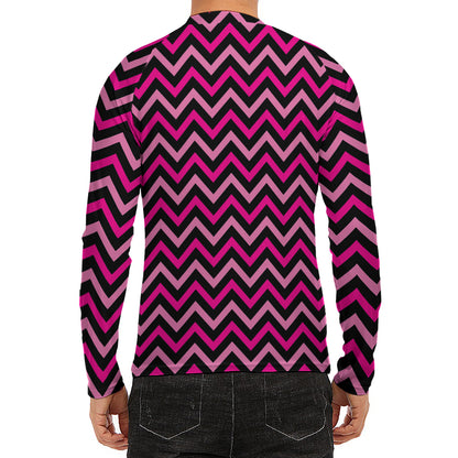 Hot Pink And Black Chevron Pattern Print Men's Long Sleeve Rash Guard