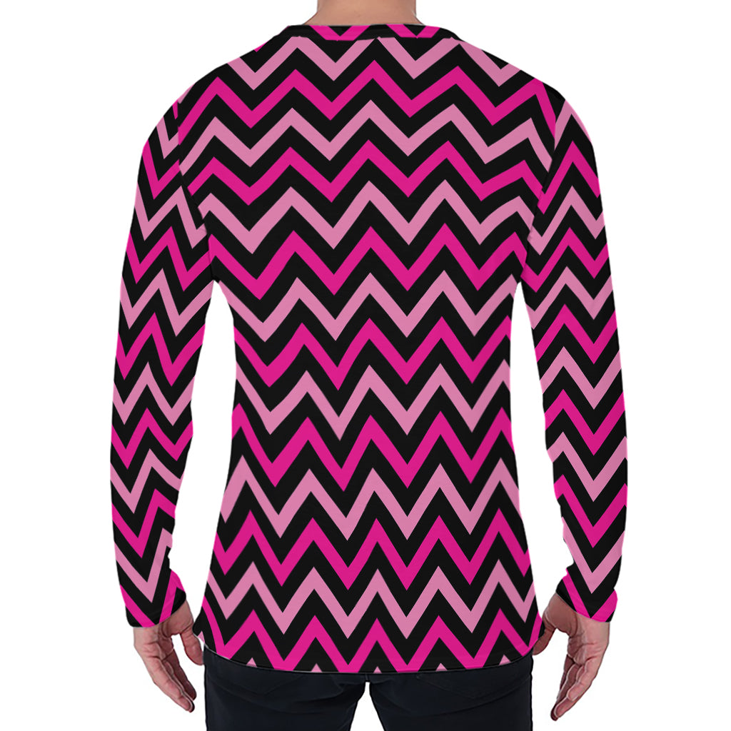 Hot Pink And Black Chevron Pattern Print Men's Long Sleeve T-Shirt