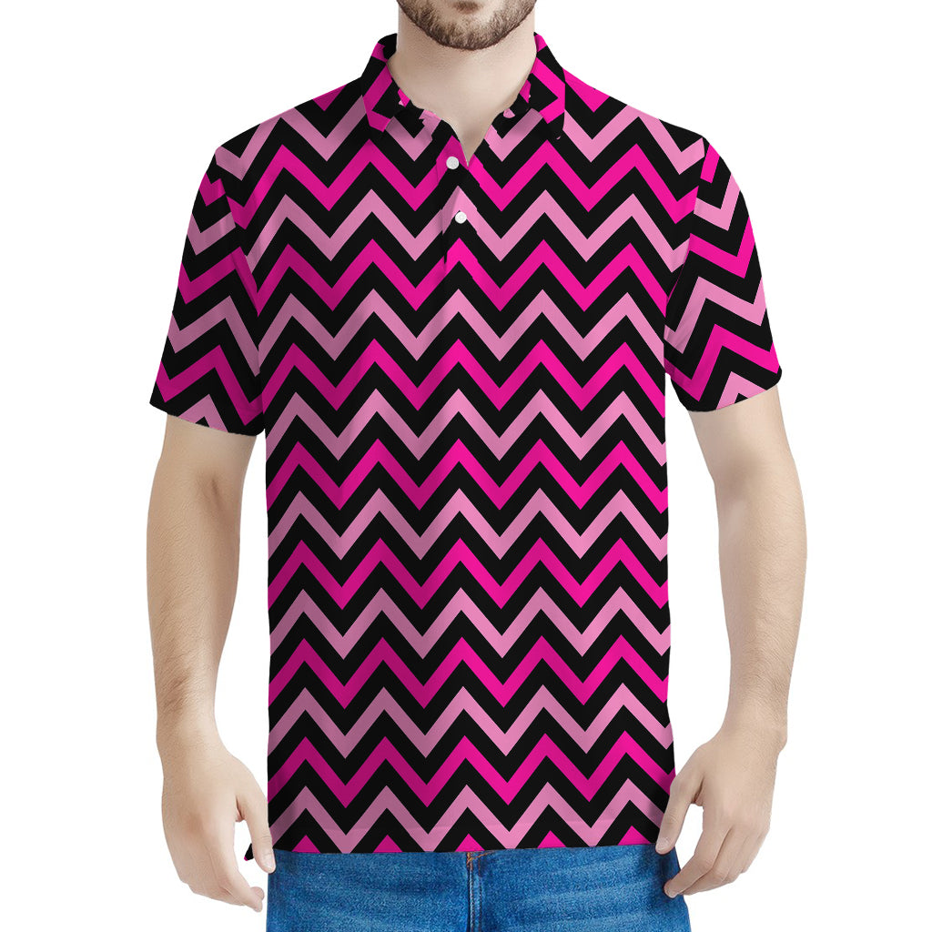 Hot Pink And Black Chevron Pattern Print Men's Polo Shirt