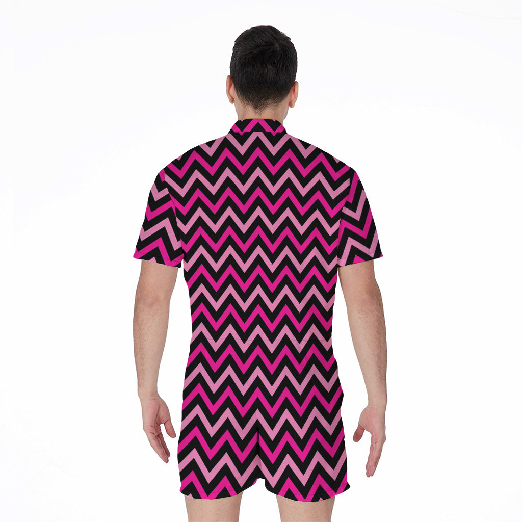Hot Pink And Black Chevron Pattern Print Men's Rompers