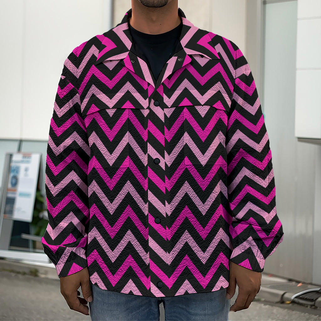 Hot Pink And Black Chevron Pattern Print Men's Shirt Jacket