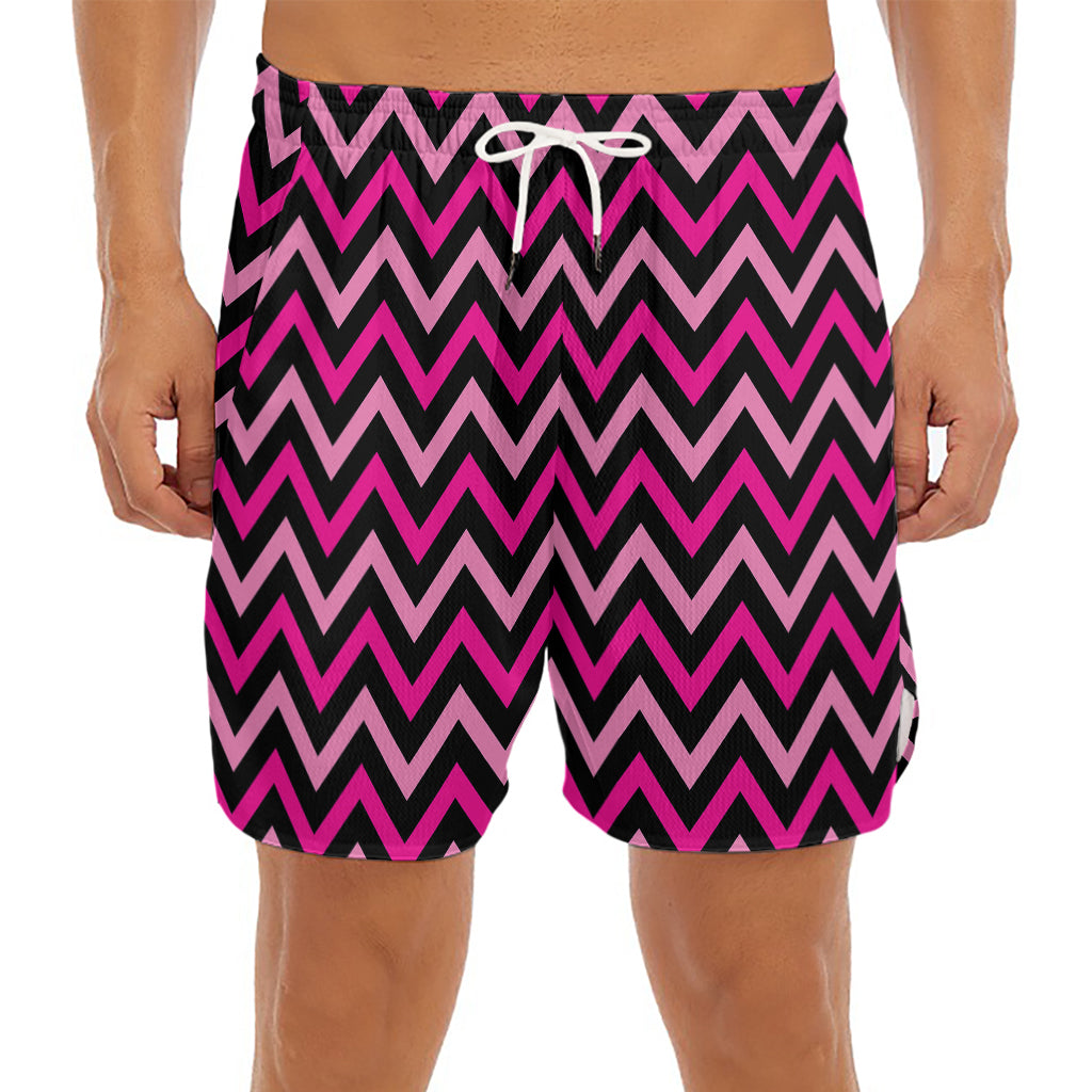 Hot Pink And Black Chevron Pattern Print Men's Split Running Shorts