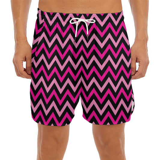 Hot Pink And Black Chevron Pattern Print Men's Split Running Shorts