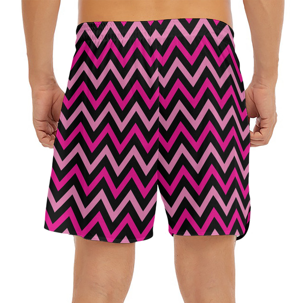 Hot Pink And Black Chevron Pattern Print Men's Split Running Shorts