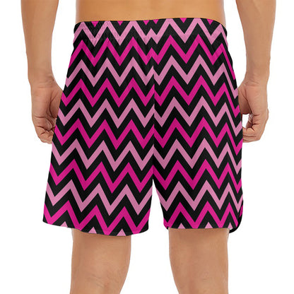 Hot Pink And Black Chevron Pattern Print Men's Split Running Shorts