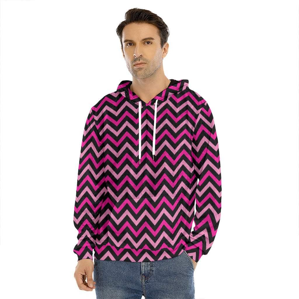 Hot Pink And Black Chevron Pattern Print Men's Velvet Pullover Hoodie