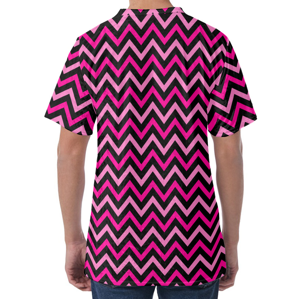 Hot Pink And Black Chevron Pattern Print Men's Velvet T-Shirt