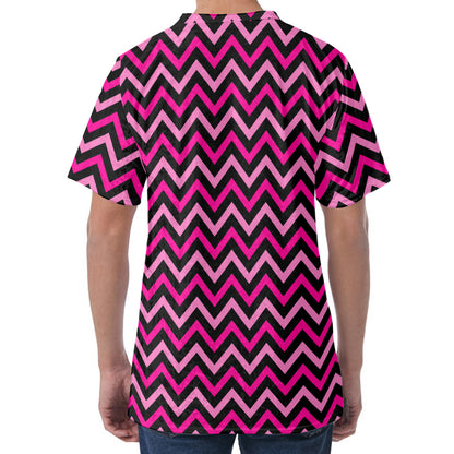 Hot Pink And Black Chevron Pattern Print Men's Velvet T-Shirt