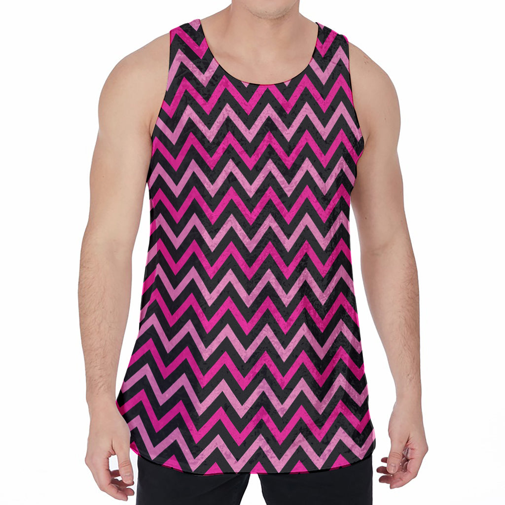 Hot Pink And Black Chevron Pattern Print Men's Velvet Tank Top