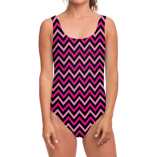 Hot Pink And Black Chevron Pattern Print One Piece Swimsuit