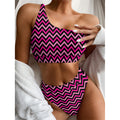 Hot Pink And Black Chevron Pattern Print One Shoulder Bikini Set