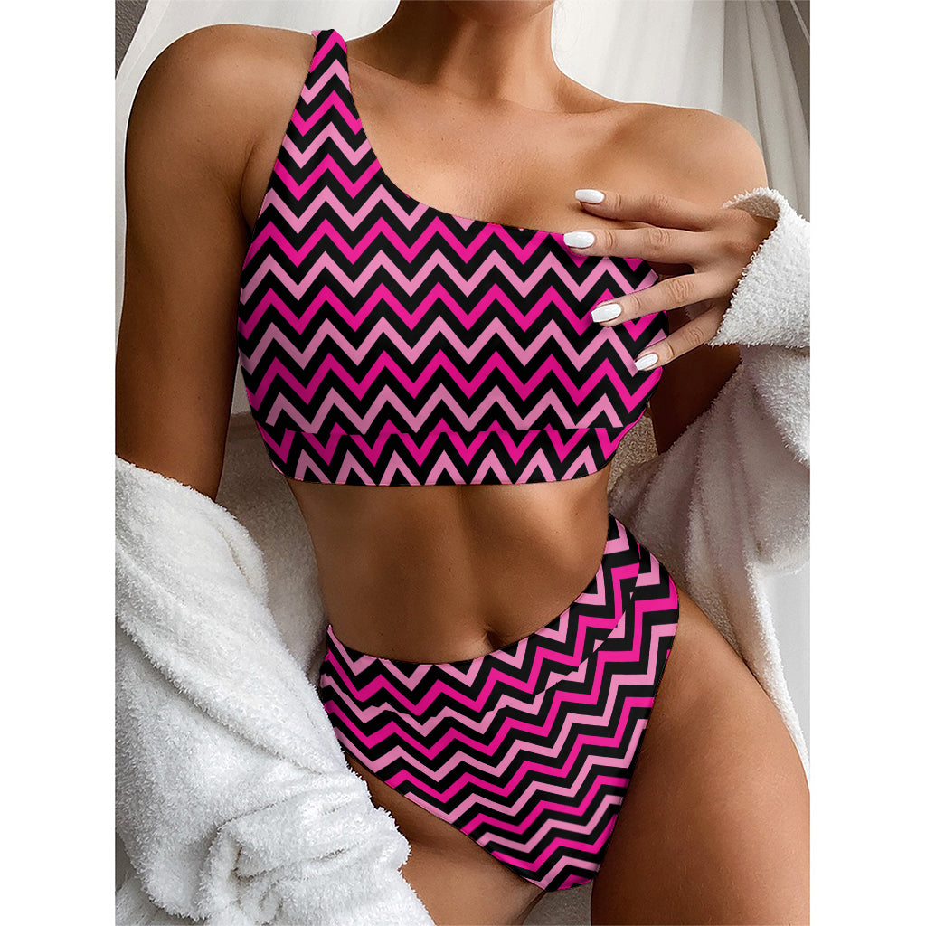 Hot Pink And Black Chevron Pattern Print One Shoulder Bikini Top