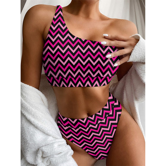 Hot Pink And Black Chevron Pattern Print One Shoulder Bikini Top