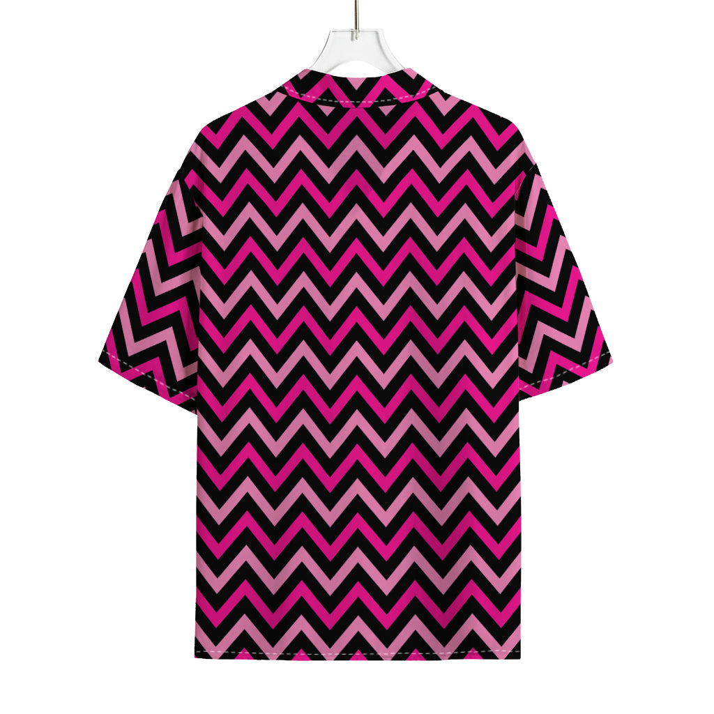 Hot Pink And Black Chevron Pattern Print Rayon Hawaiian Shirt