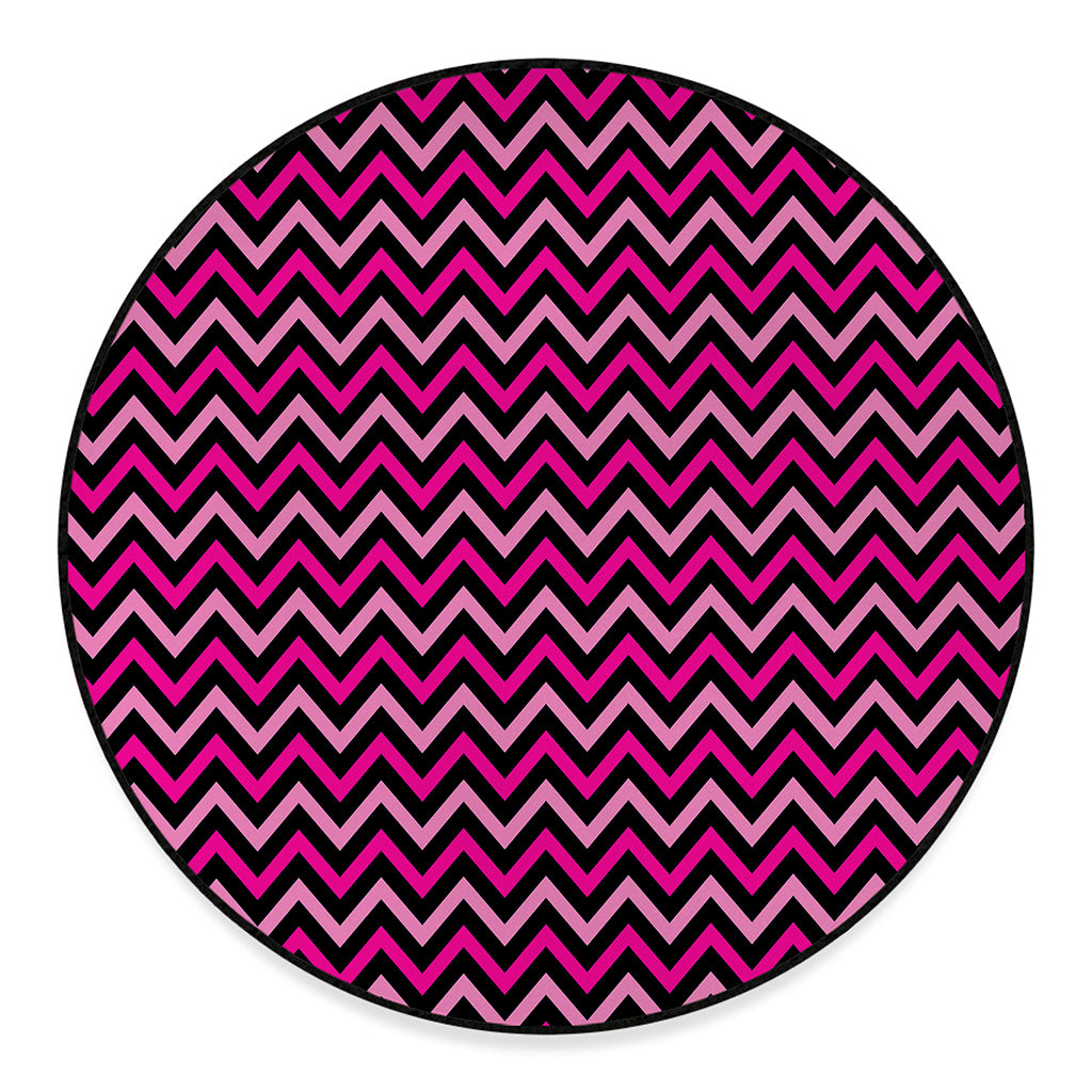 Hot Pink And Black Chevron Pattern Print Round Floor Mat