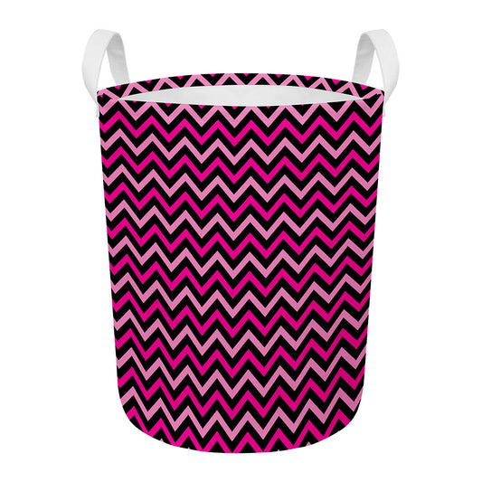 Hot Pink And Black Chevron Pattern Print Round Laundry Basket