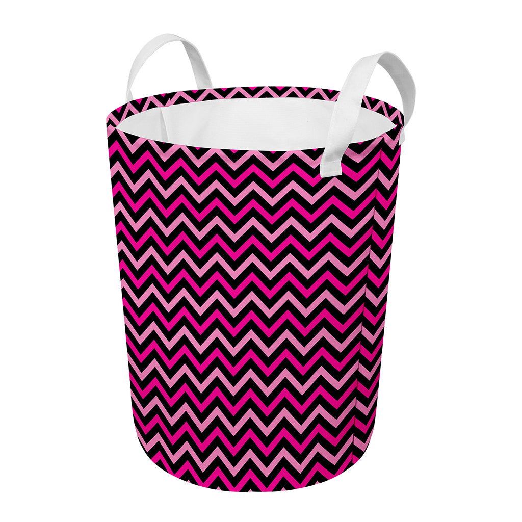 Hot Pink And Black Chevron Pattern Print Round Laundry Basket