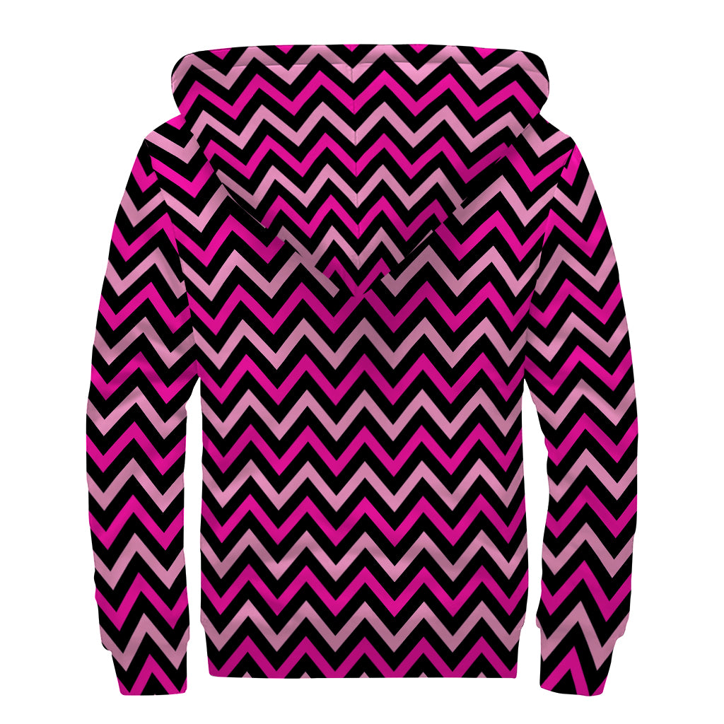 Hot Pink And Black Chevron Pattern Print Sherpa Lined Zip Up Hoodie