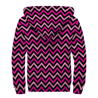 Hot Pink And Black Chevron Pattern Print Sherpa Lined Zip Up Hoodie
