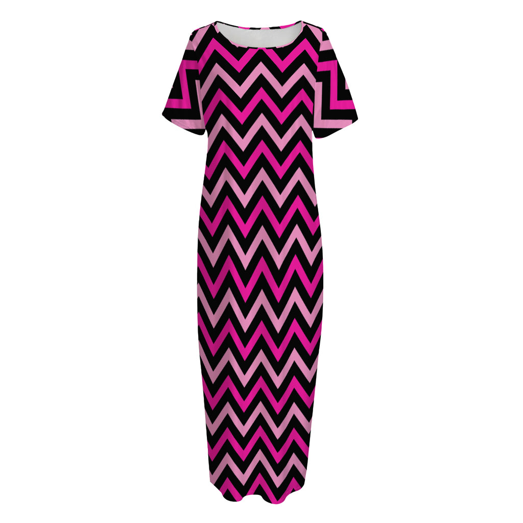 Hot Pink And Black Chevron Pattern Print Short Sleeve Long Nightdress
