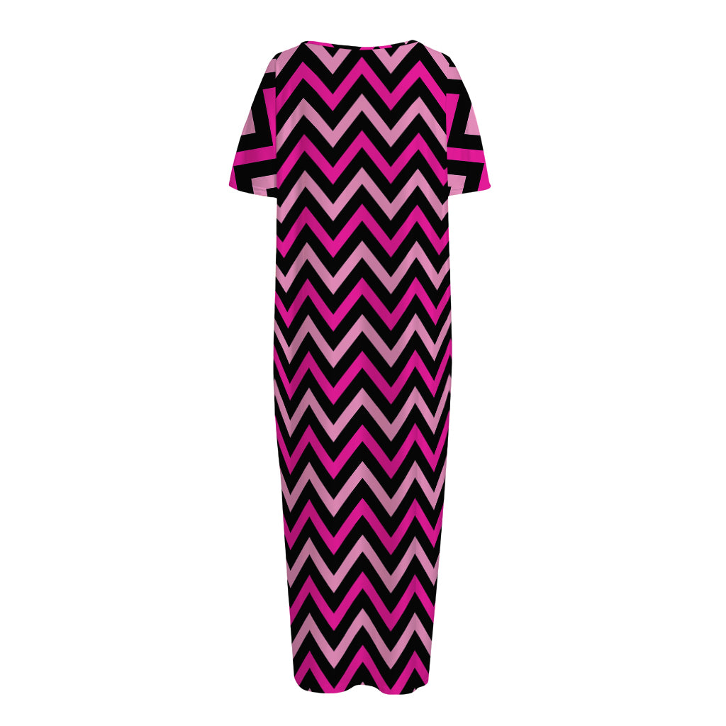 Hot Pink And Black Chevron Pattern Print Short Sleeve Long Nightdress